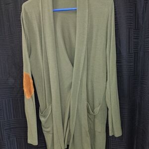 Olive Green Open-Front Cardigan with Tan Elbow Patch